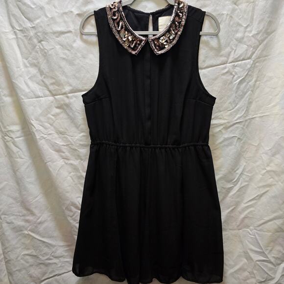 Modcloth black chiffon knee length sleeveless dress gold sequin beaded collar XL - Picture 1 of 13